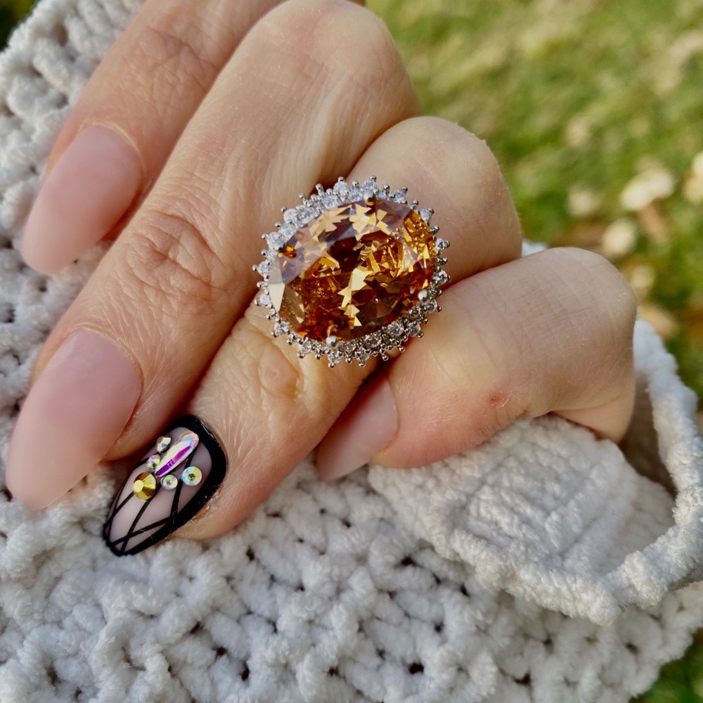 Gorgeous Huge 925 Silver Ring Champagne Crystal - Picture 7 of 15